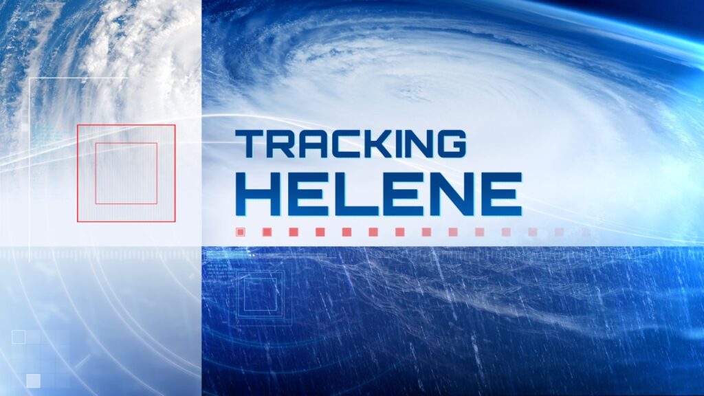 A blue and white graphic with the words " tracking helene ".