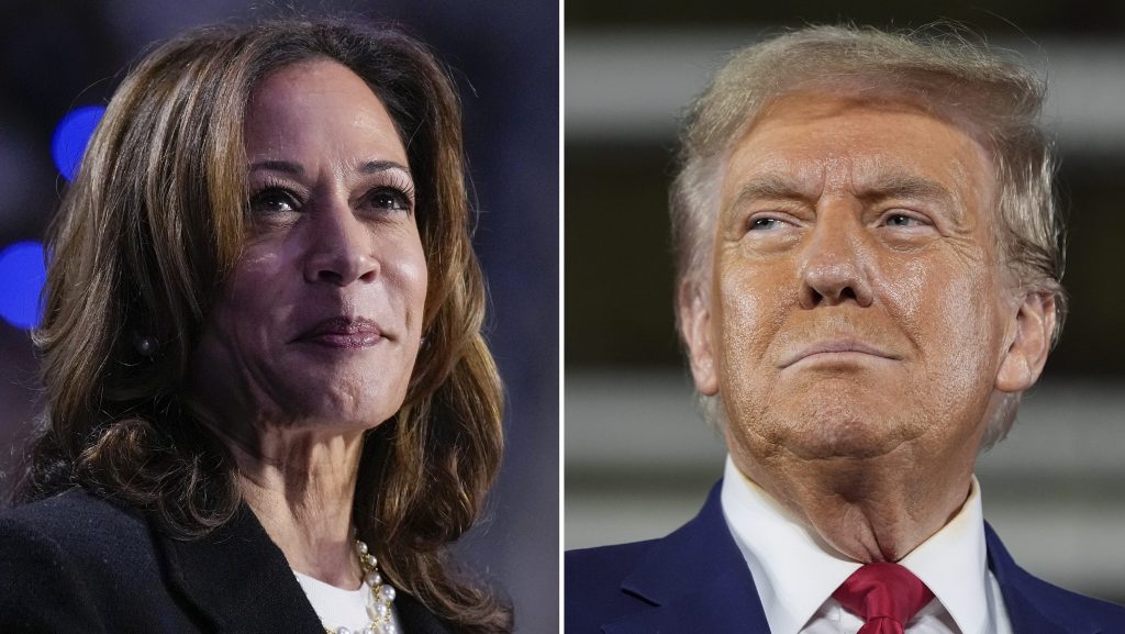 A split photo of kamala harris and donald trump.