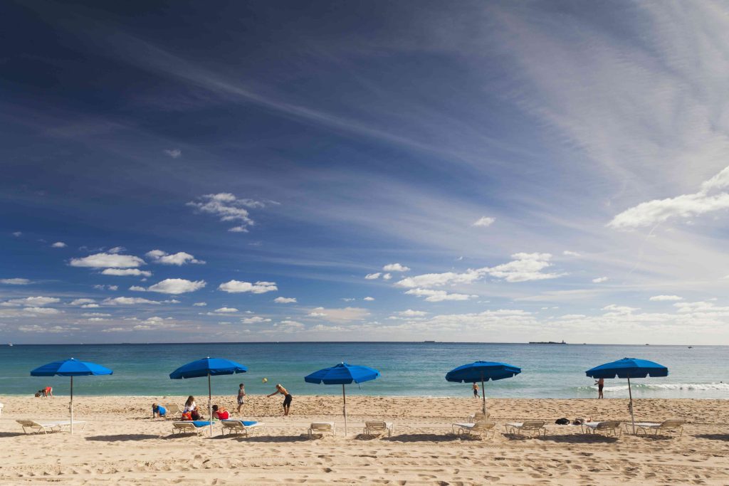 A beach with many blue umbrellas and people on it