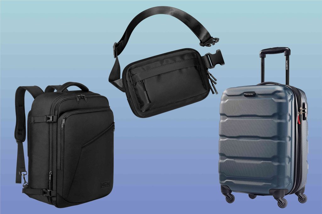 A blue background with three different types of luggage.