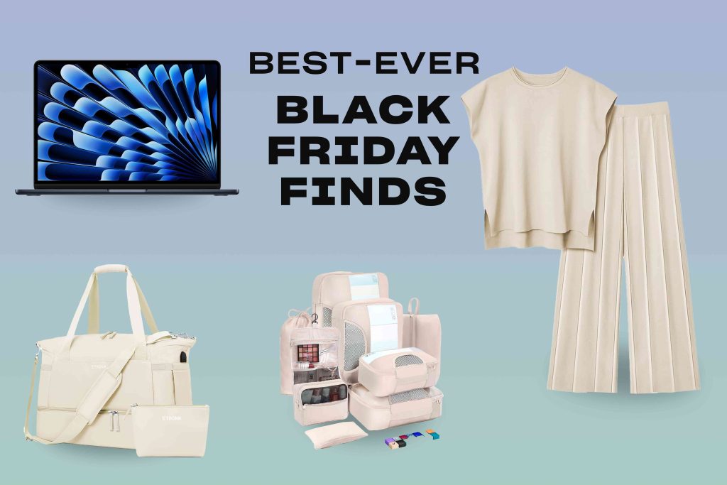 A collage of black friday items including an apple laptop, white sweater and bag.