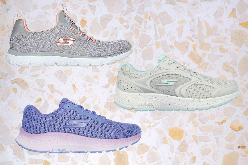 Three skechers shoes are shown on a patterned background.