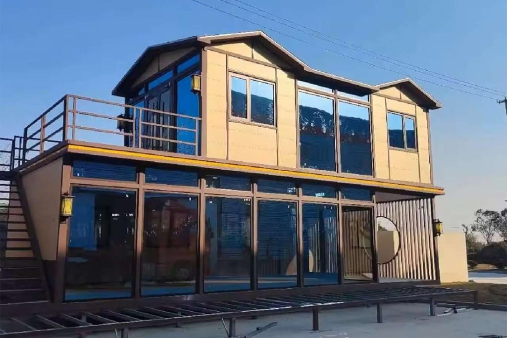 A train station with a yellow roof and a blue sky