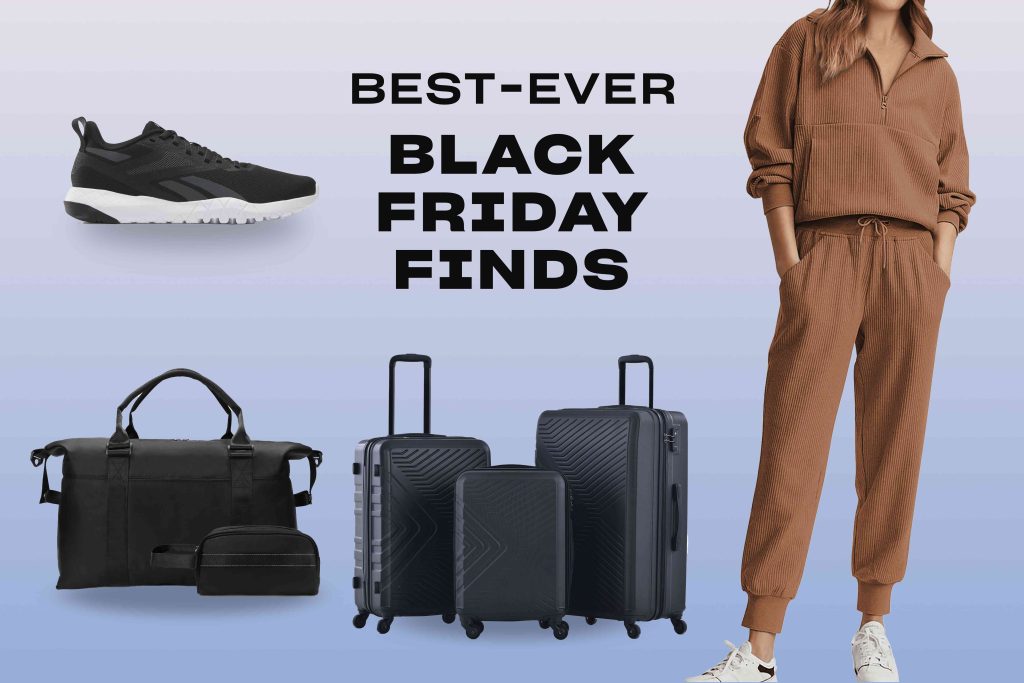 A collage of black friday items including luggage and sneakers.