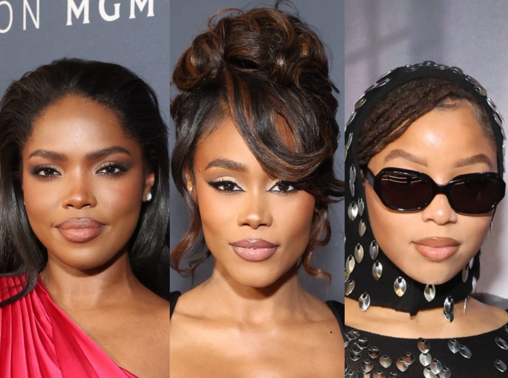 Three women with different hair styles and makeup.