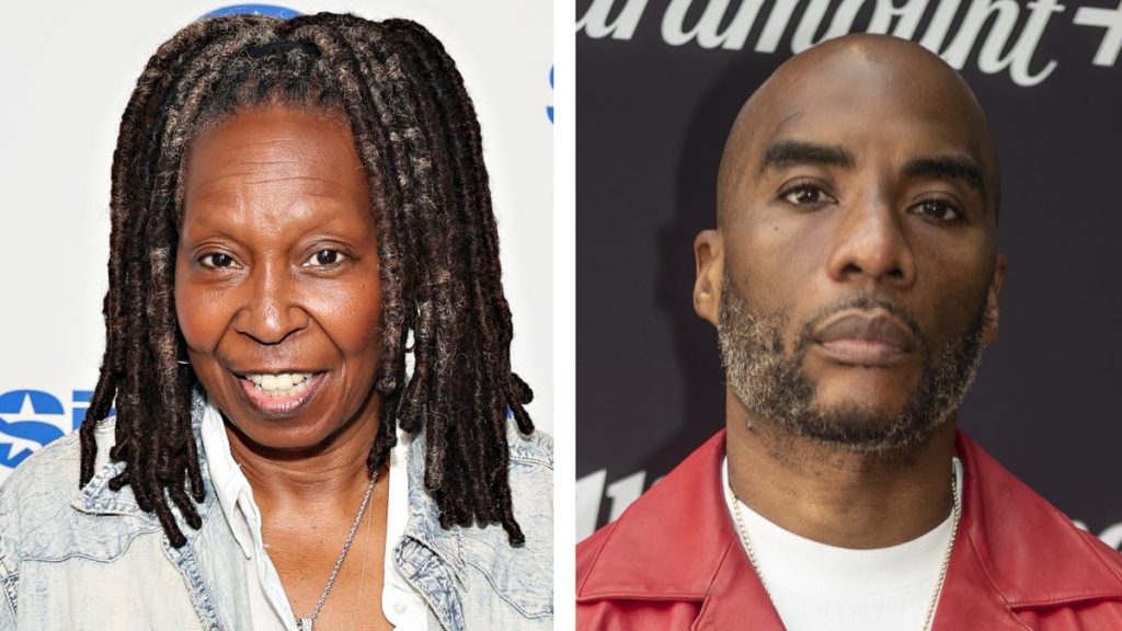 A split picture of whoopi goldberg and charlamagne tha god.