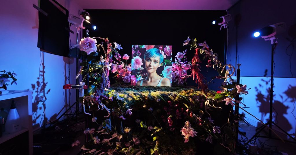 A photo of a woman on the screen in front of some flowers.