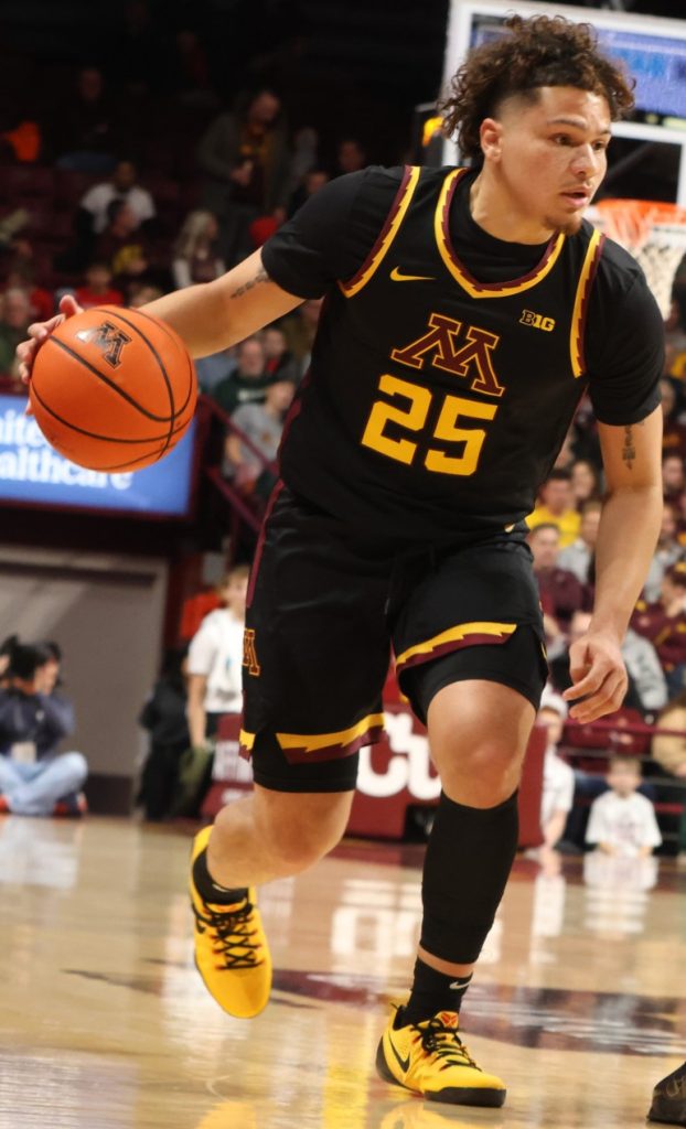 A man in black and yellow basketball uniform holding a ball.