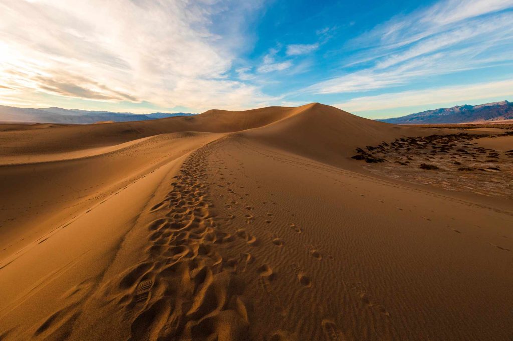 A desert with sand dunes and sky in the background.