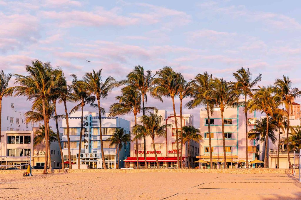 A beach with many palm trees and buildings