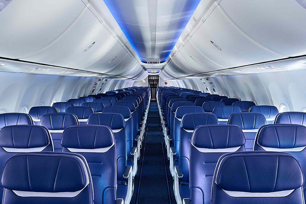 A large airplane with many seats in it