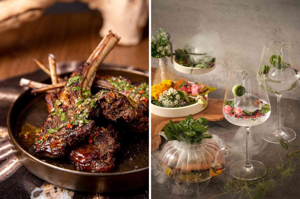 A plate of lamb chops and a bowl of vegetables.