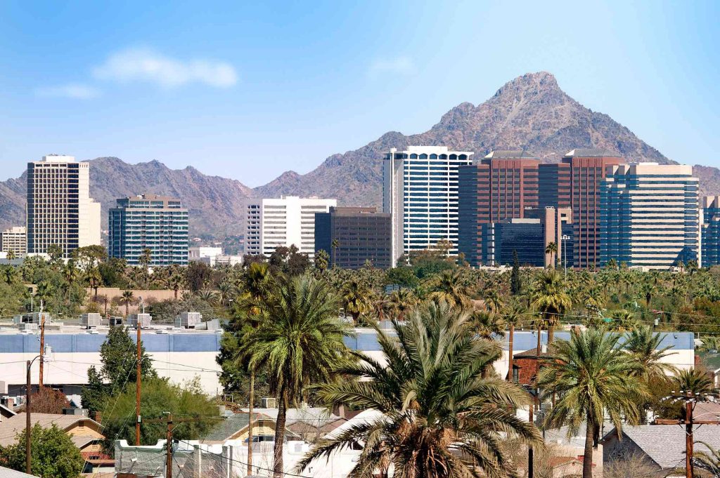 A view of palm trees and buildings in the background.