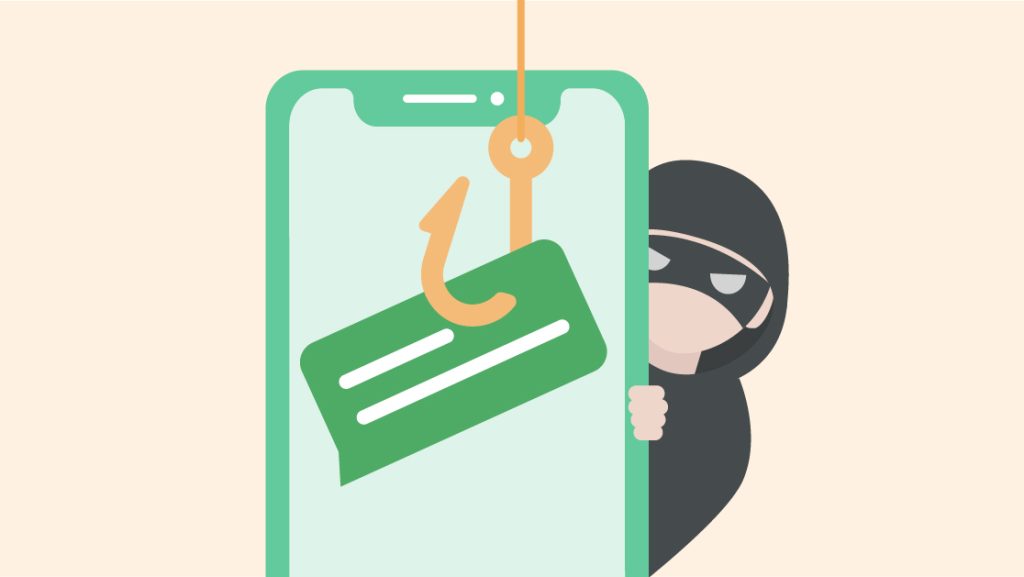 A cartoon of a person looking at a phone with a phishing hook.