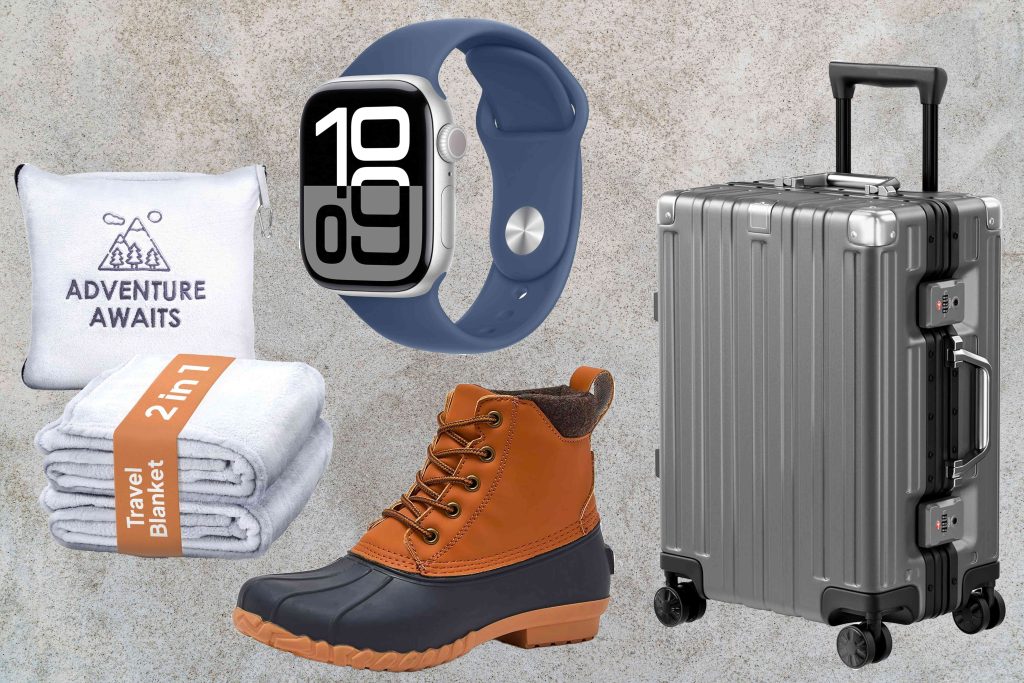 A collage of different items including an apple watch, boots and luggage.