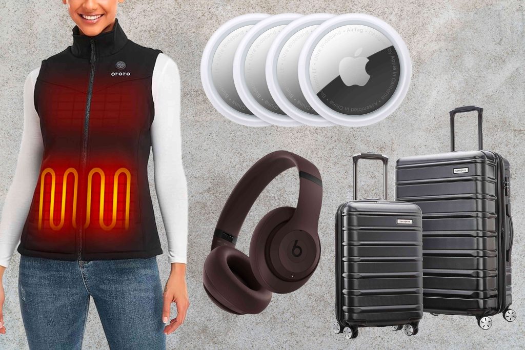 A collage of various items including headphones, luggage and a vest.