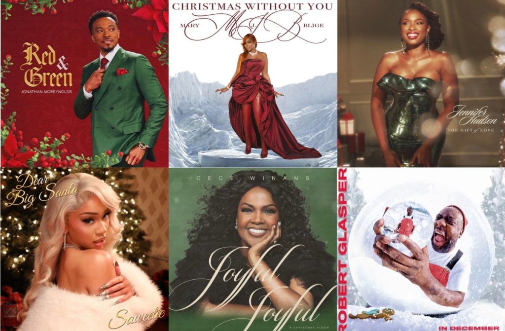 A collage of christmas music cds.