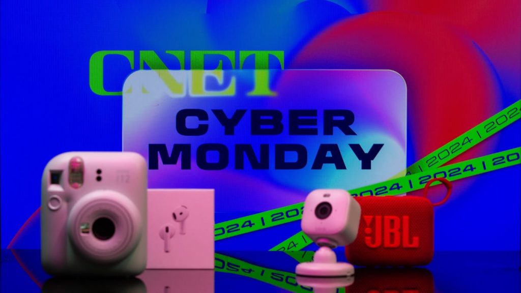 A close up of a camera with the words " cyber monday ".