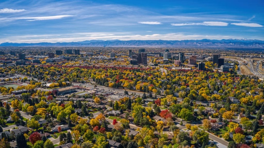 A view of the city from above in autumn.