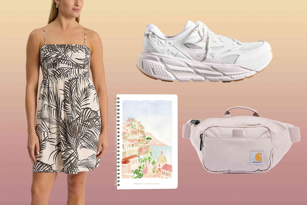 A woman wearing a dress, sneakers and backpack.