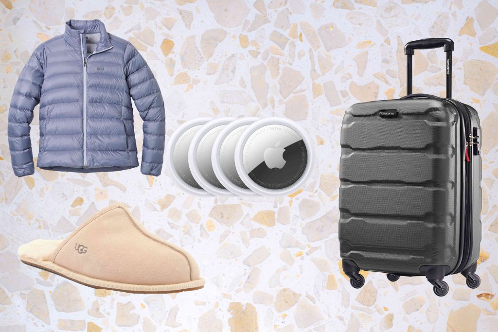 A collage of different items including shoes, jacket and suitcase.