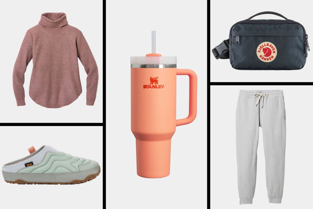 A collage of different items including a pink cup, white sneakers and a black bag.