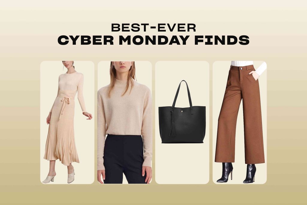 A collage of four different outfits with text that reads " best-ever cyber monday finds ".