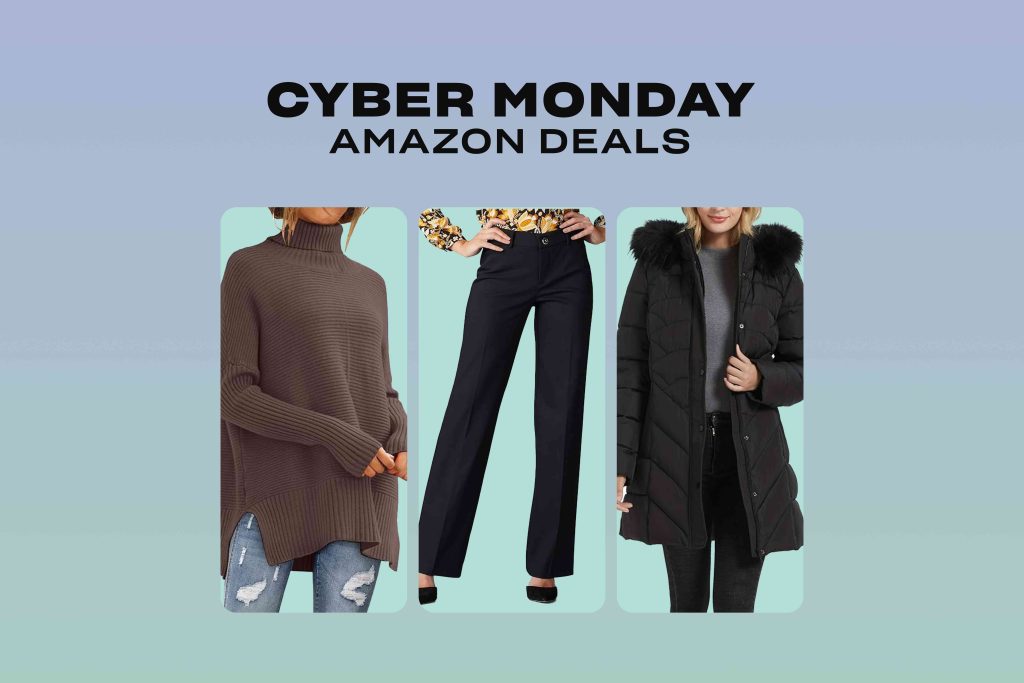 A collage of three different outfits for the amazon cyber monday sale.