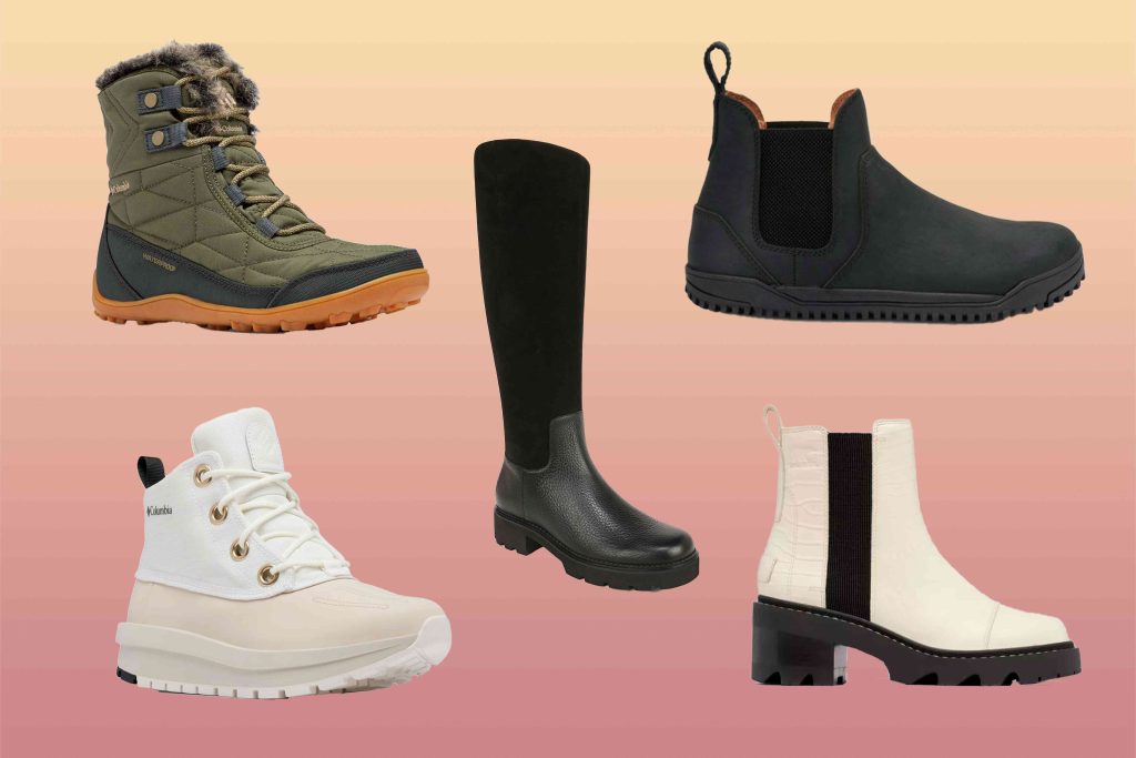 A collage of different types of boots and shoes.