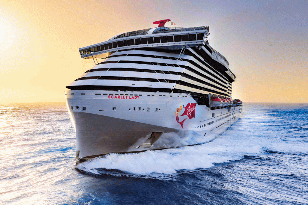 A large cruise ship sailing on the ocean.