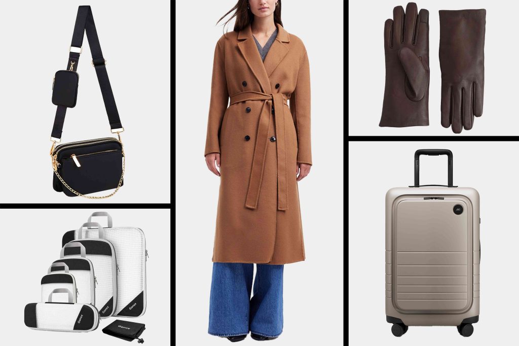 A collage of different items including a coat, gloves and a bag.