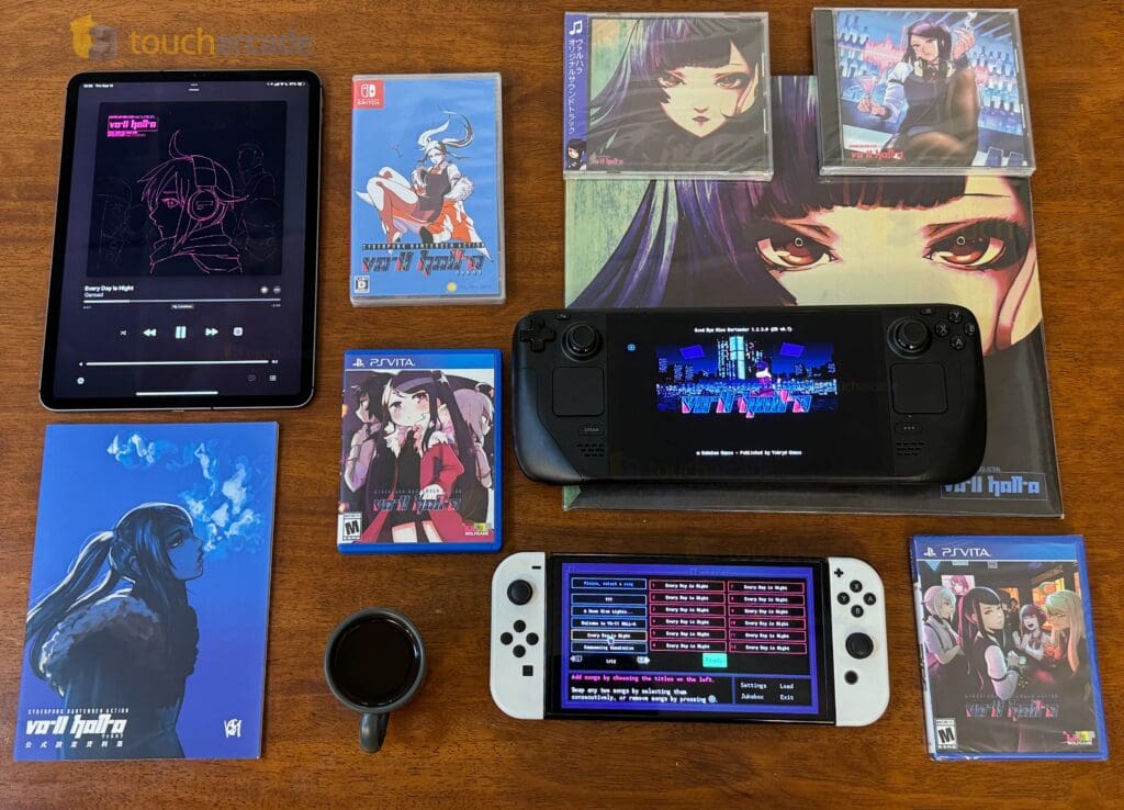 A table with various items on it including a nintendo switch, tablet and game.