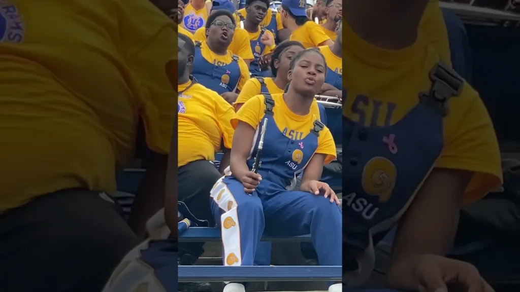 A group of people sitting on bleachers wearing blue and yellow.