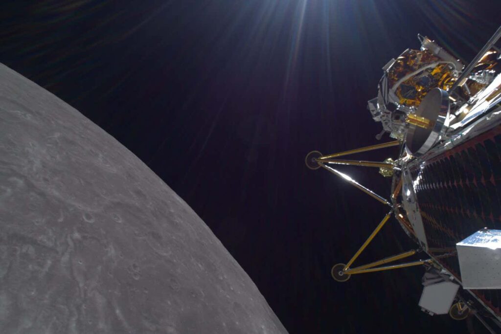 A spacecraft is flying over the moon.