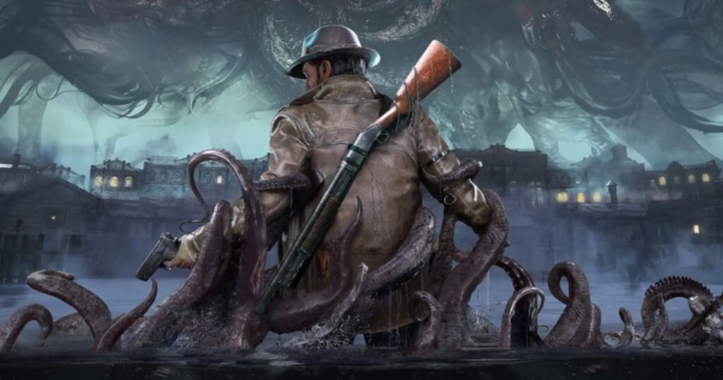 A man sitting on top of an octopus holding a rifle.