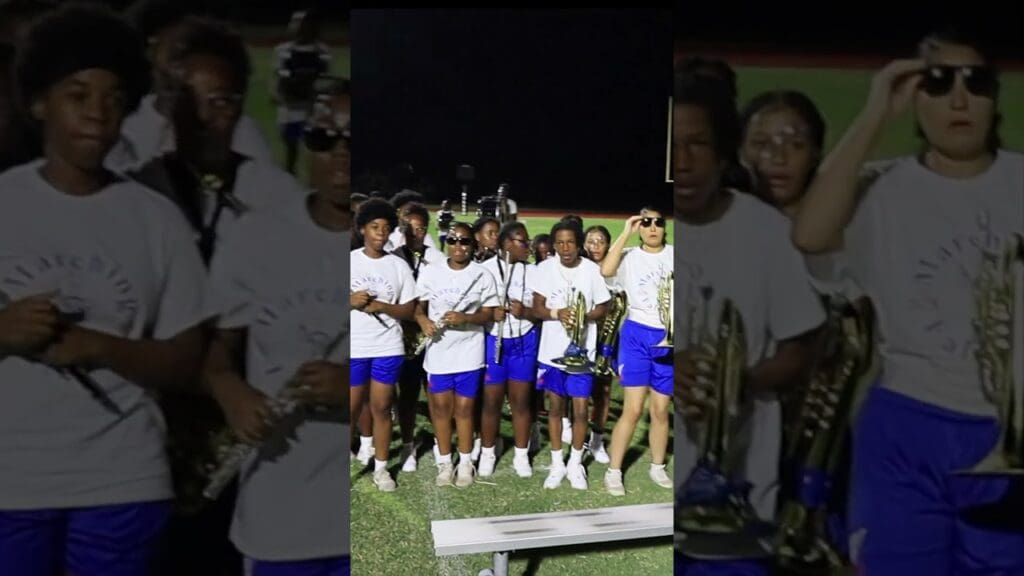 Marching band group with instruments at night.