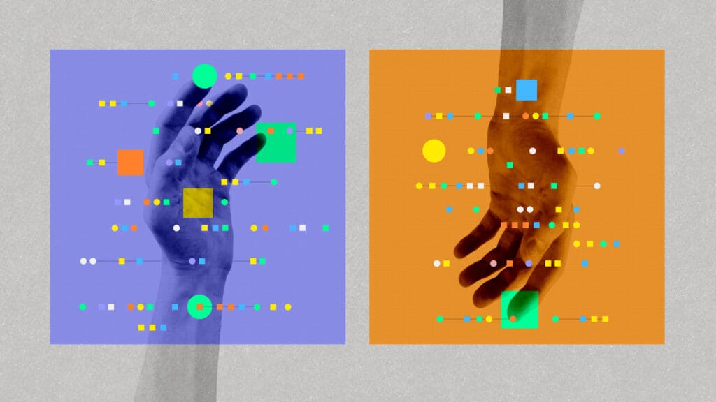 Two hands with colorful geometric patterns.