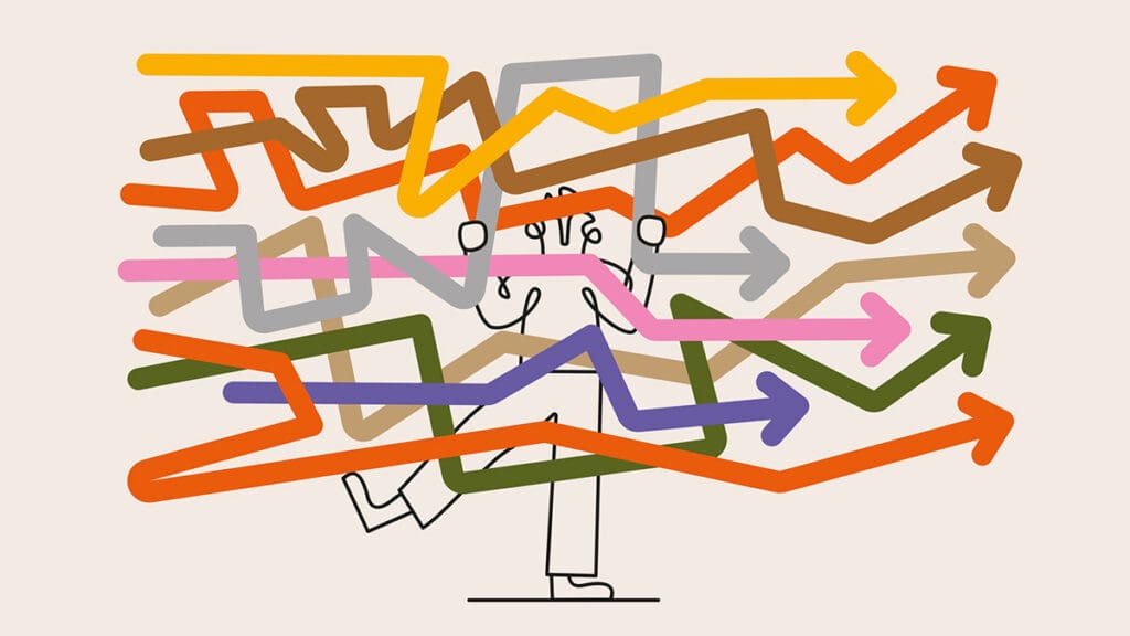 Person surrounded by colorful, chaotic arrows.
