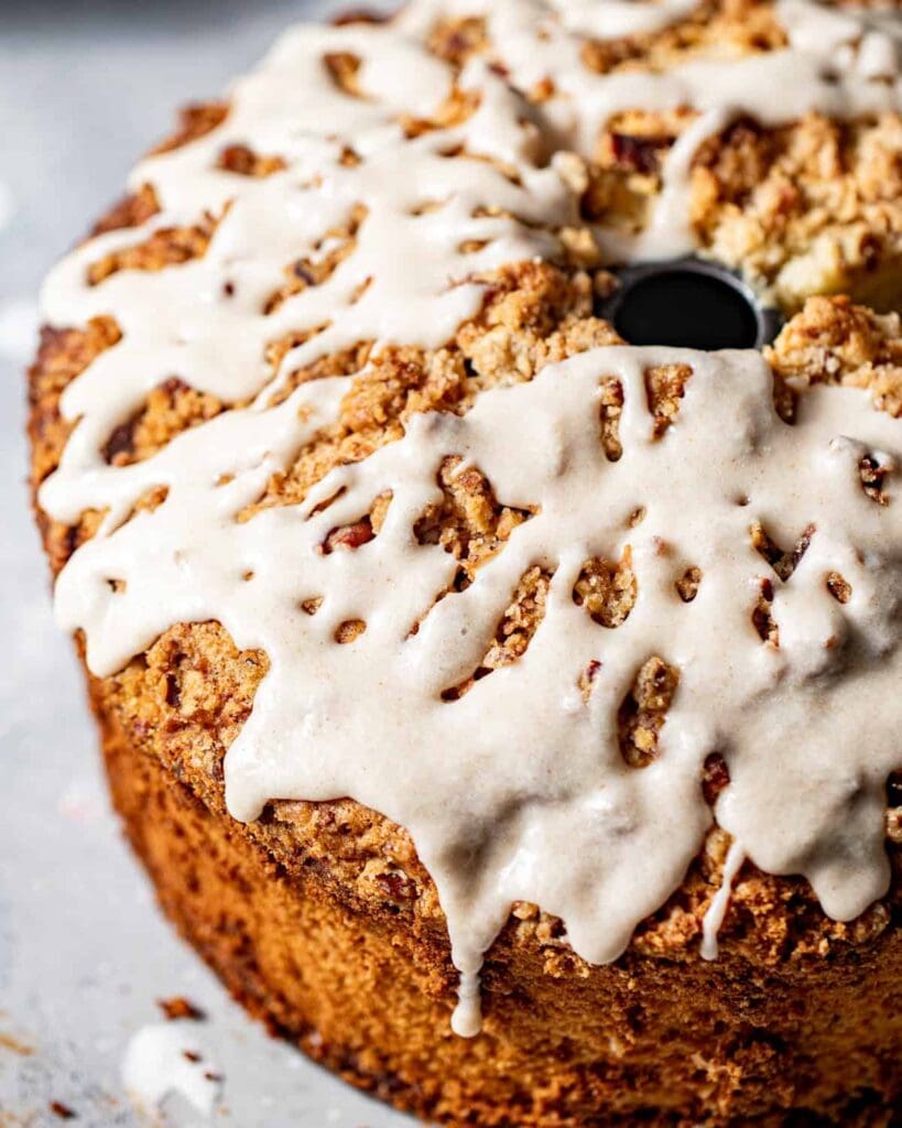 louisiana crunch cake topped with brown butter glaze on top.