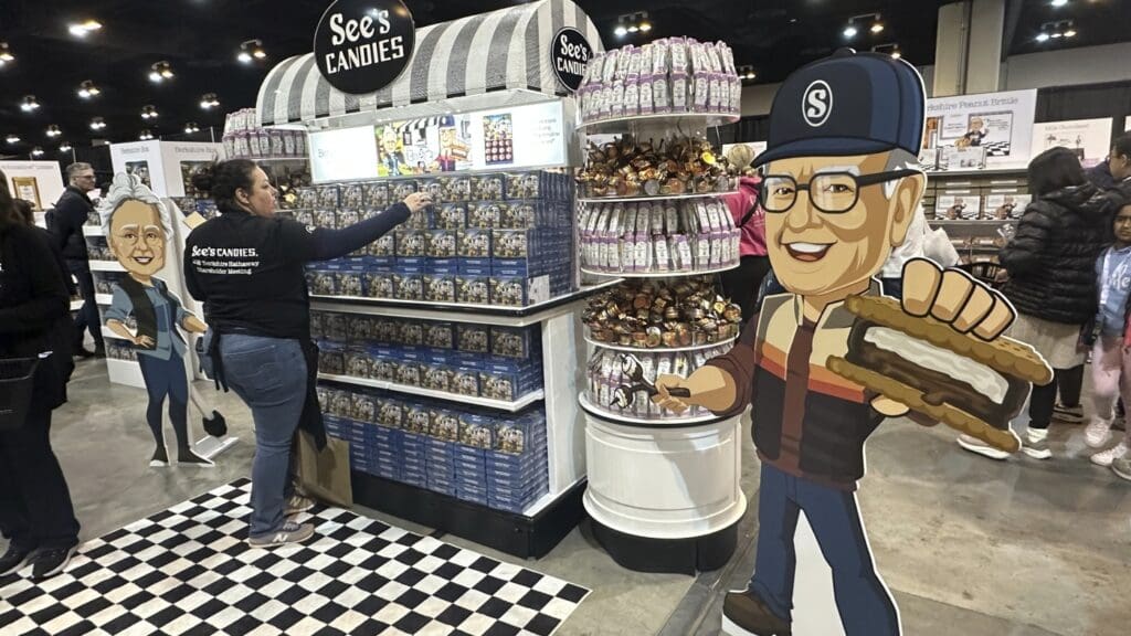 See's Candies store display with cartoon cutouts.