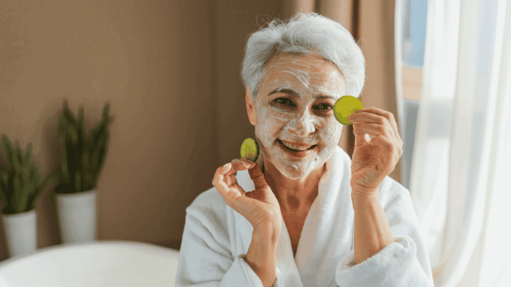 Senior woman with a face mask, holding cucumber slices and smiling