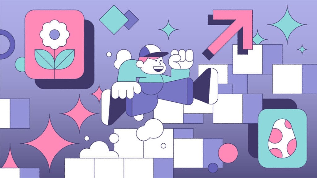 Cartoon character jumping among geometric shapes.