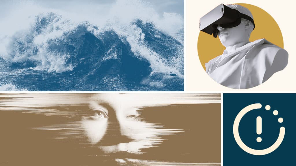 Virtual reality, ocean waves, and abstract face.