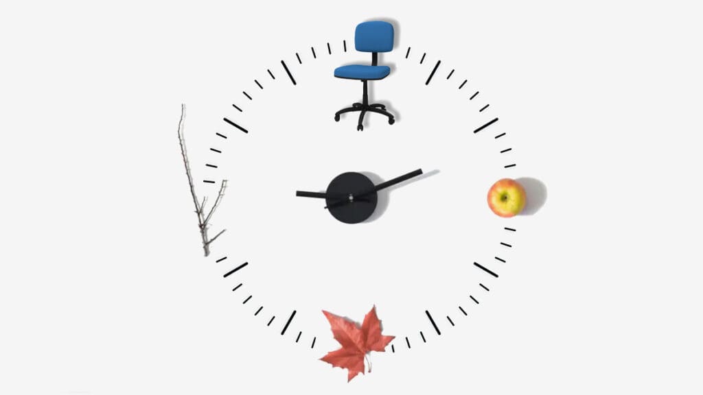 Clock face with chair, apple, leaf, twig.