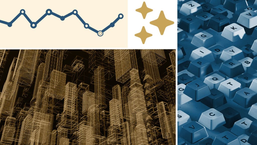 Graph, stars, cityscape, and keyboard collage.