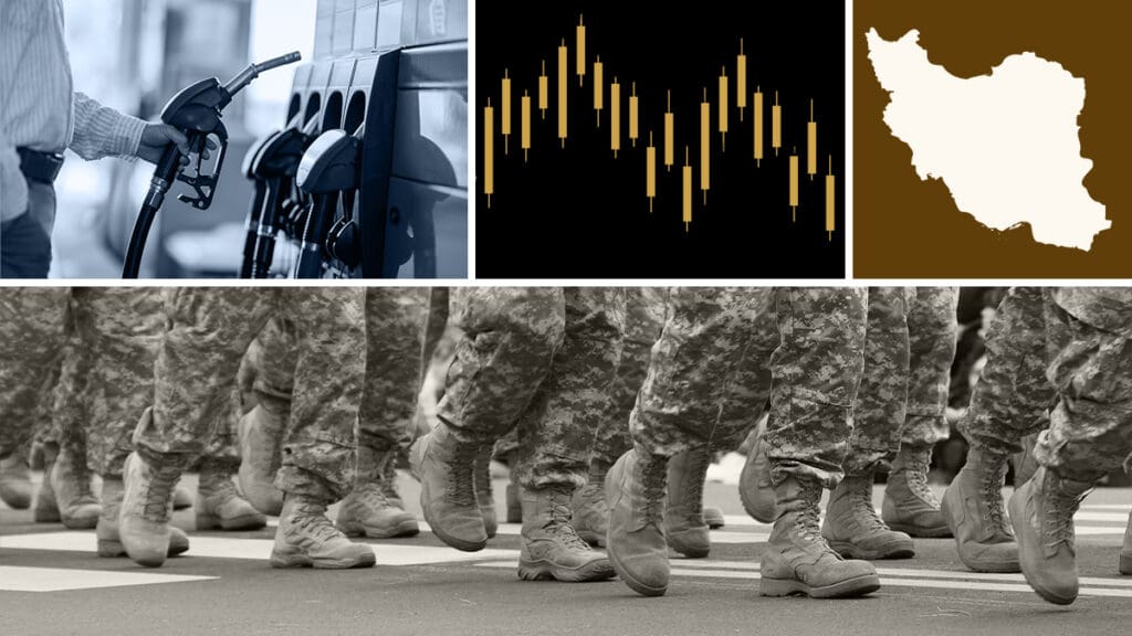 Gas pump, stock chart, soldiers, and map.