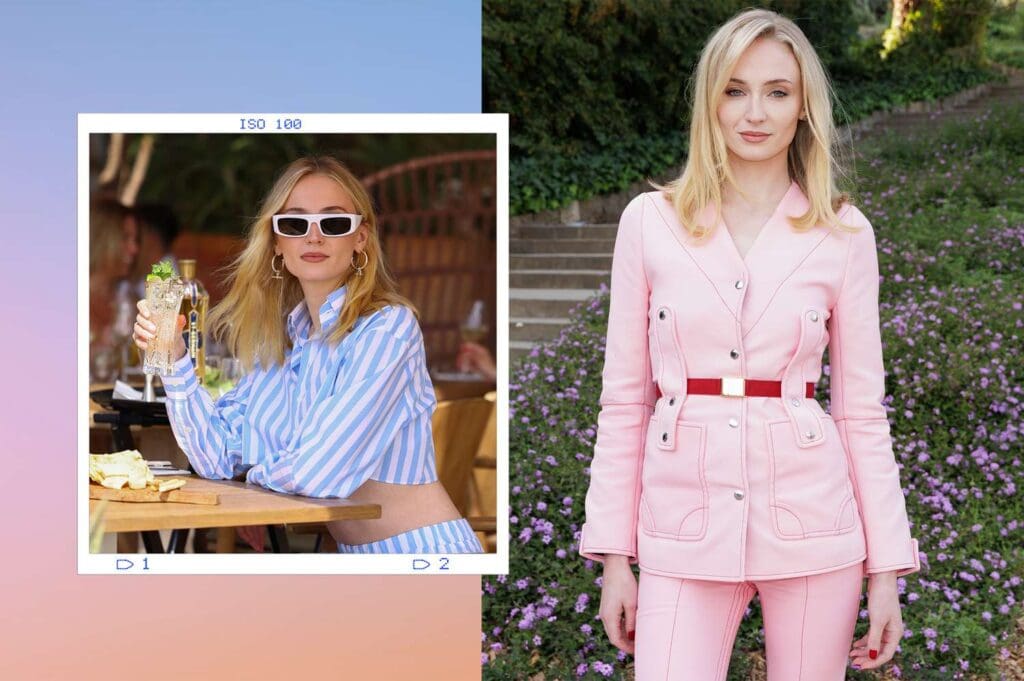 Sophie Turner dressed in stylish outfits in two different settings