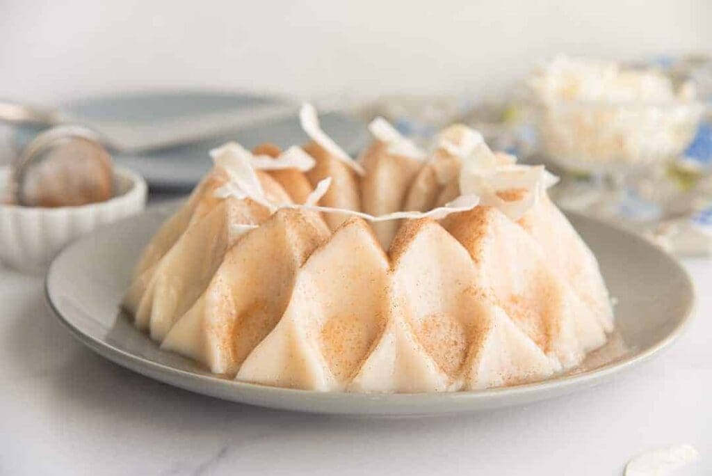 Decorative dessert on a gray plate.