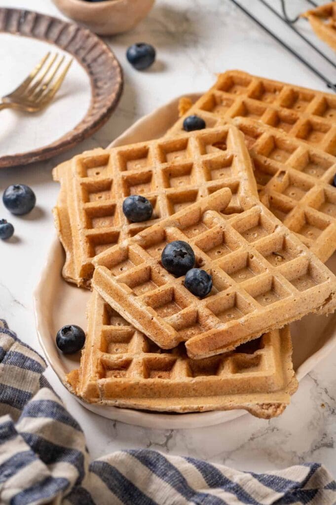 Healthy protein Waffles|Jessica in the Kitchen Area Platter of protein waffles topped with blueberries