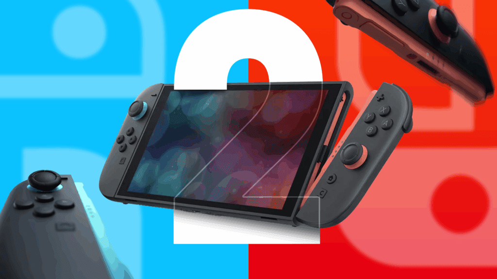 A Nintendo Switch 2 in the center, with two Joy-Cons on either side, set against a blue and red background